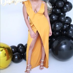 Mustard Asymmetric Drape Maxi Dress
